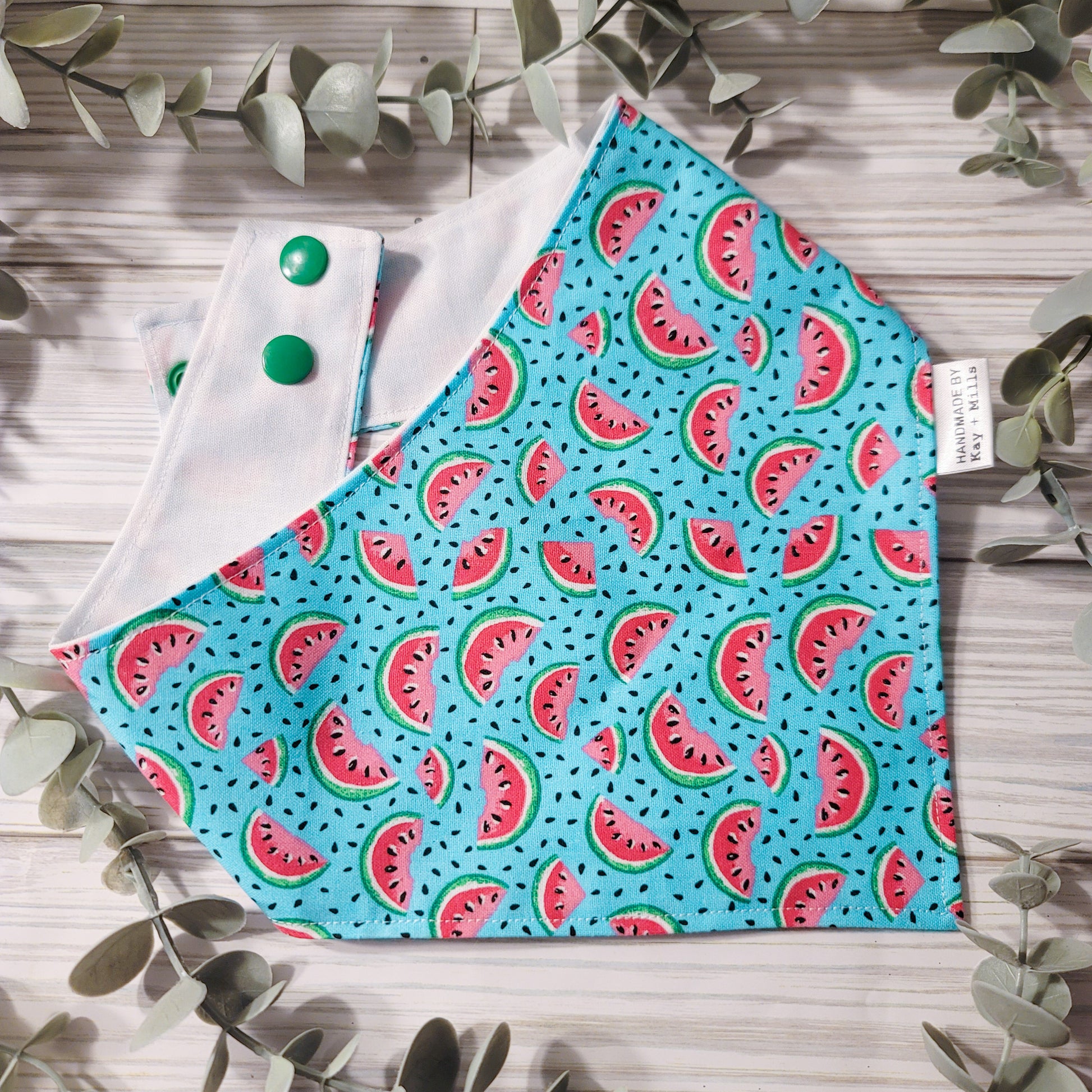 Dog bandana or cat bandana with watermelon slices and black seeds on a bright blue background. The back side of the pet bandana is white and includes two sets of green plastic snaps. The bandana sits on a white oak wood backdrop with plants surrounding it.